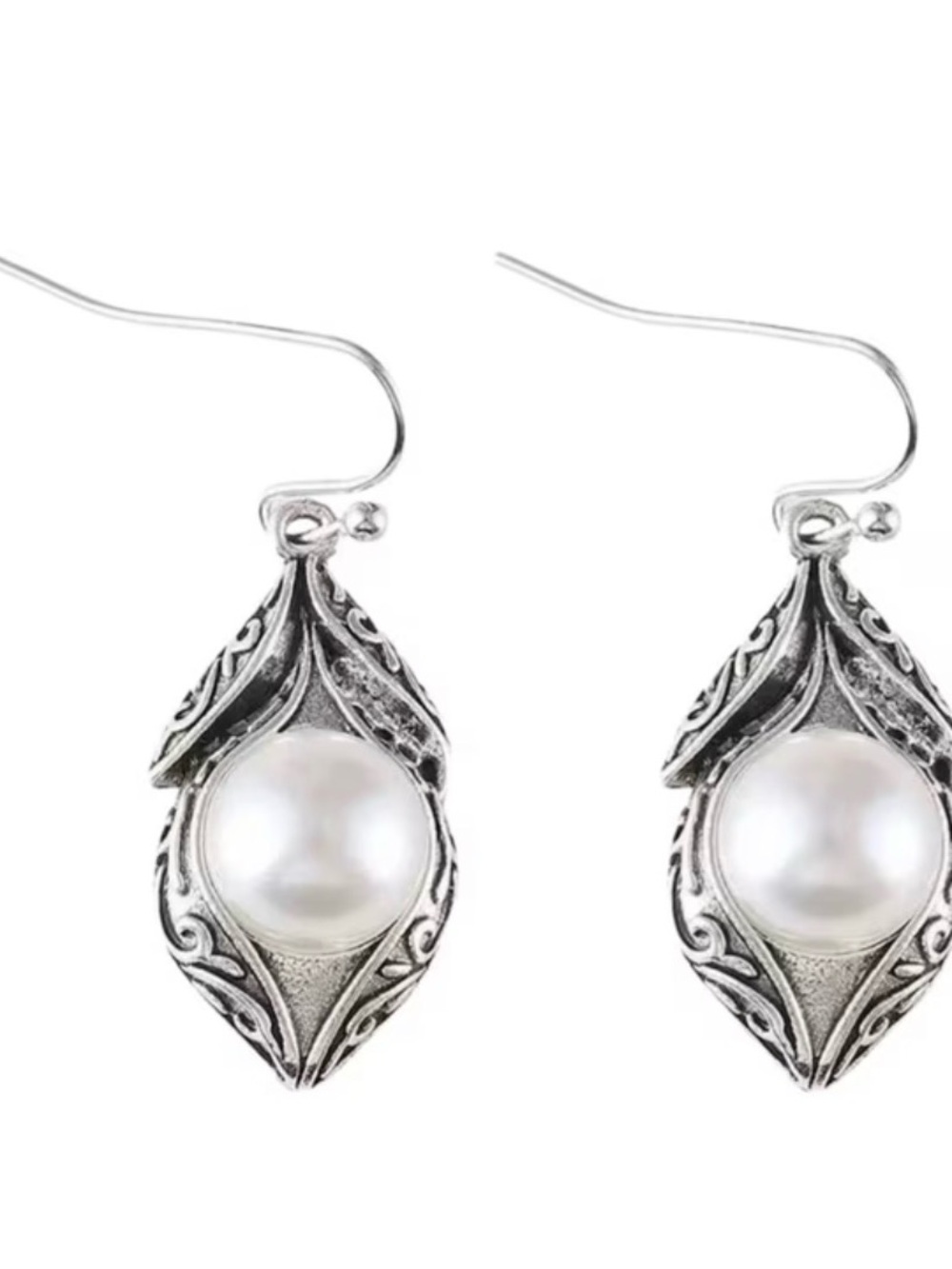 Silver Pearl Drop Earrings - White Pearl